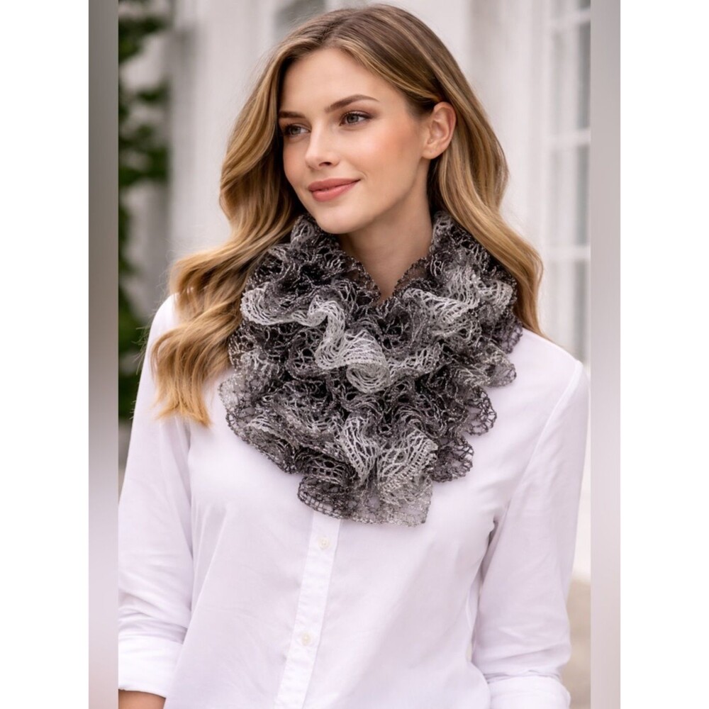 Crochet Knit Striped Scarf Shimmering Gray & White Textured EUC